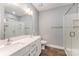 Modern bathroom with a double vanity, glass-enclosed shower, and stylish fixtures, offering a spa-like experience at 3643 Vallette Ct, Charlotte, NC 28203