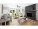 Cozy living room featuring a painted brick fireplace, modern ceiling fan, and plenty of seating at 7407 Limerick Dr, Charlotte, NC 28270