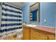 Bathroom with blue walls, a blue and white striped shower curtain and a wooden vanity at 10435 Silver Mine Rd, Fort Mill, SC 29707