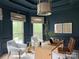 Sophisticated home office featuring dark blue walls, a modern desk, and plenty of natural light at 9604 Oliver Ct, Harrisburg, NC 28075