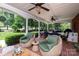 This outdoor seating area features comfortable wicker chairs and a view of the backyard at 3003 Wedge Ct, Matthews, NC 28104