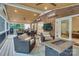 Inviting covered patio with brick wall, fire pit, tv, and comfortable seating area at 5051 Carillon Way, Charlotte, NC 28270