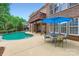 This backyard features a sparkling pool, patio dining area, and lush landscaping, perfect for entertaining at 844 Clonmel Dr, Matthews, NC 28104