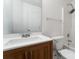 Bathroom with a modern vanity, white counter, tile floor and shower over bath at 10094 Treeside Ln, Matthews, NC 28105