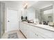Bright bathroom featuring double sinks, large mirrors, white cabinets, and elegant hardware at 3899 Zemosa Nw Ln, Concord, NC 28027