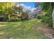 Wide shot of a backyard with a small deck and stairs on a sunny day at 6632 Candlewood Dr, Charlotte, NC 28210