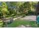 Backyard view with a deck, wooden path, and lush greenery at 6632 Candlewood Dr, Charlotte, NC 28210