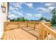 Newly constructed deck with wood railings and a view of the backyard and beautiful blue sky at 150 Autumn Blaze Rd, China Grove, NC 28023