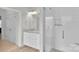 Bright bathroom featuring a glass-enclosed shower and granite countertop vanity at 275 Dorothy Dr, China Grove, NC 28023