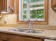 Close-up of a kitchen sink with a window view, showcasing the countertop and backsplash at 3701 Bounty Ct, Matthews, NC 28104