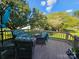 Spacious outdoor deck is furnished with a full patio set, overlooking a scenic and well-manicured backyard at 417 Garret Ln, York, SC 29745
