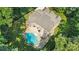 Aerial view of the property showcasing the backyard pool, patio, lush landscaping, and spacious layout at 7327 Snowbird Ct, Mint Hill, NC 28227