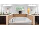 Bright bathroom featuring a soaking tub, double vanity, and a large window for natural light at 7327 Snowbird Ct, Mint Hill, NC 28227