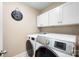 Functional laundry room with modern washer and dryer and overhead cabinets at 7327 Snowbird Ct, Mint Hill, NC 28227