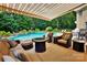 Inviting outdoor patio featuring comfortable seating, a fire pit, and a view of the pool and landscaped yard at 7327 Snowbird Ct, Mint Hill, NC 28227