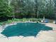 Swimming pool with a protective cover surrounded by lush trees at 7327 Snowbird Ct, Mint Hill, NC 28227