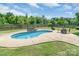 Backyard pool area with an outdoor cooking area, table with chairs, and trees at 773 Hathcock Glen Dr, Oakboro, NC 28129
