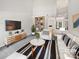 Bright living room features high ceilings, modern furniture, and a stylish striped rug, creating a cozy and inviting space at 9121 Charminster Ct, Charlotte, NC 28269