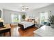Spacious bedroom with hardwood floors, natural light, ceiling fan, and a view of backyard at 1006 Spring Rose Ln, Matthews, NC 28104