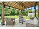 Inviting outdoor patio with wicker furniture, overlooking a lush green backyard and an attached pergola-style roof at 1006 Spring Rose Ln, Matthews, NC 28104