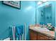 Vibrant bathroom with blue walls, a single vanity, and a mirror above the sink, complemented by coordinated accessories at 307 Nc Hwy 49 S Hwy, Richfield, NC 28137