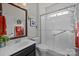 Bright bathroom with a shower, vanity and decorative towels at 4022 Perth Rd, Indian Land, SC 29707