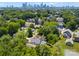 An aerial shot featuring the tree-lined neighborhood with the city skyline in the background at 419 Solomon St, Charlotte, NC 28216