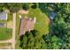 Aerial view of a cozy home with a brown roof, surrounded by lush greenery and trees at 509 8Th Avenue Ext, Cramerton, NC 28032
