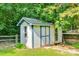 Backyard shed with blue trim in wooded area, offering practical storage and blending with the landscape at 666 Tryon Pl, Gastonia, NC 28054