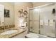 Bathroom featuring granite countertop, frosted glass shower door and monogrammed towels at 701 4Th Ne Ave, Conover, NC 28613