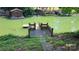 Private backyard dock sitting on a green lake with a small wooden house on the other side at 729 Victoria Ln, Hickory, NC 28601