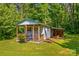 Charming shed offers covered seating area and built-in counter, perfect for outdoor entertaining at 265 River Run Rd, Statesville, NC 28625