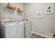Functional laundry room with modern washer and dryer, decor, and storage shelves at 3136 Beacon Heights Rd, Indian Land, SC 29707