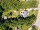 Aerial view of the backyard featuring a pool, shed, and lush greenery, providing a private oasis at 4030 Orion Rd, York, SC 29745
