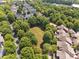 An aerial view shows a green space, homes, and mature trees surrounding the neighborhood at 570 Sixth Baxter Xing # 16, Fort Mill, SC 29708