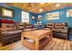 Living room with leather couches, blue walls and wood ceiling at 1104 Pump Station Rd, Kannapolis, NC 28081