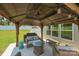 Cozy covered back patio with a stone fire pit, comfortable seating, and outdoor lighting at 2301 Amesbury Ct, Albemarle, NC 28001