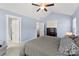 Bedroom featuring light blue walls, white trim, and carpet flooring, creating a peaceful and inviting space at 6401 Morehead Rd, Harrisburg, NC 28075