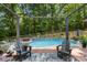Enjoy the outdoor living space with seating, string lights, and beautiful pool views at 107 Creekwood Dr, Dallas, NC 28034