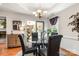 Dining room with stylish chandelier, black leather chairs, glass table and outdoor access at 107 Creekwood Dr, Dallas, NC 28034