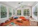 Bright sunroom with hardwood floors and lots of natural light through large windows at 15620 Glen Miro Dr, Huntersville, NC 28078