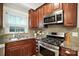 A detailed view of a kitchen, showcasing stainless steel appliances and beautiful granite countertops at 9334 New Towne Dr, Matthews, NC 28105