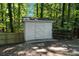 Outdoor shed features double doors and is surrounded by lush green trees and a wood fence at 9334 New Towne Dr, Matthews, NC 28105