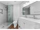 Bright bathroom with glass shower and double vanity at 17811 Half Moon Ln # E, Cornelius, NC 28031