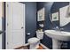 Stylish powder room features a pedestal sink, decorative mirror, and navy walls at 958 Skywater Dr, Fort Mill, SC 29715