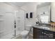 Stylish bathroom with a glass-enclosed shower, modern fixtures, and a granite-topped vanity at 958 Skywater Dr, Fort Mill, SC 29715