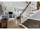 Open-concept living room featuring a fireplace, hardwood floors, and a staircase to the second floor at 2156 Wedgewood Dr, Matthews, NC 28104