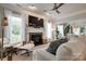 Cozy living room featuring a stone fireplace, plush seating, large windows, and stylish decor at 2936 Saintfield Pl, Charlotte, NC 28270