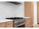 Gourmet kitchen featuring a stainless steel gas range, white vertical backsplash tile, and custom cabinetry at 4208 Antioch Church Rd # 1, Weddington, NC 28104