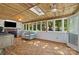 Bright sunroom with wood plank ceiling, fireplace, and backyard views at 4534 Pebblebrook Sw Cir, Concord, NC 28027